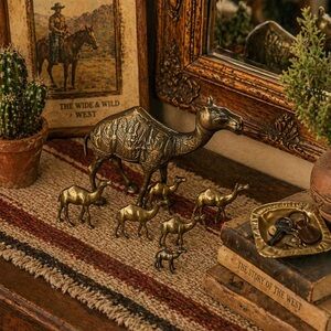Set of 8 Vintage Brass Carved Camels